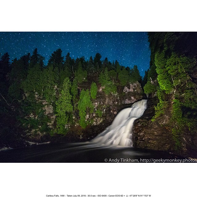 Caribou Falls at 1AM last Friday. We lit it up with some light panels – so worth carrying those in and down all the stairs to the base of the falls!